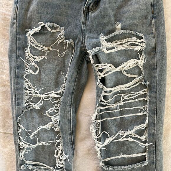 Shein Factory Distressed Blue Jeans Light Wash Wide Legs Size XS - Picture 10 of 13